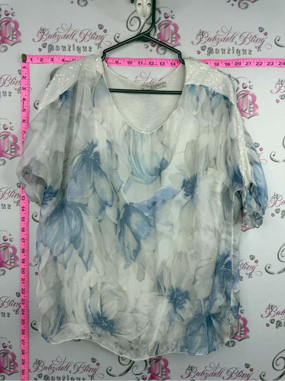 VIOLA BORGHI silk top Sequin Shoulder Floral Blouse - Blue & White